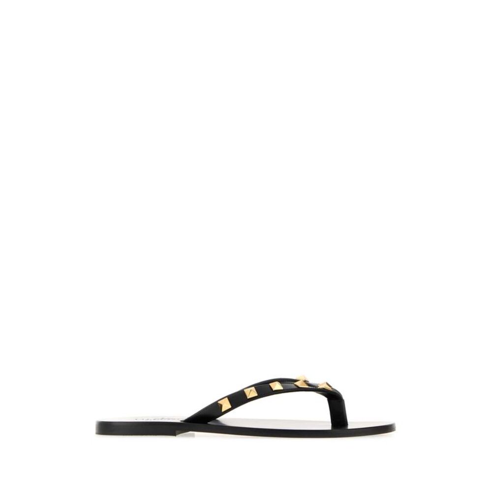 Valentino Garavani Women Black Leather Rockstud Thong Slippers